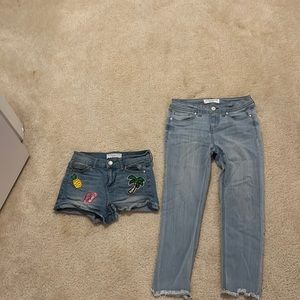 Celebrity pink, pair of patched shorts and jeans